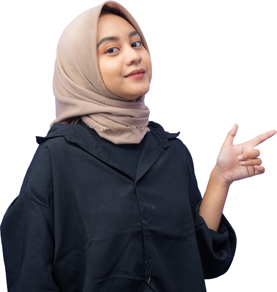 Asian Muslim Woman Pointing to Right Cut Out